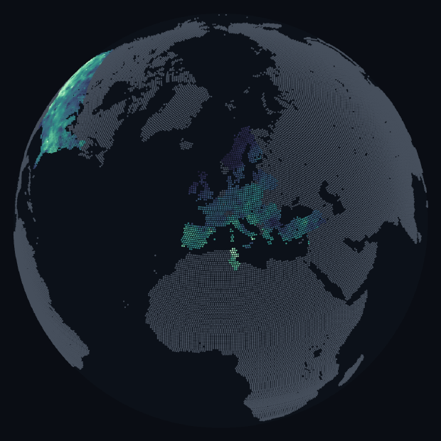 The dot-matrix globe turned to Europe, showing fair-weather scores in green and teal across the United States and Europe, with the rest of the world in grey.