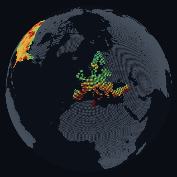 The same globe with a different set of terms applied, producing a markedly different colour distribution.