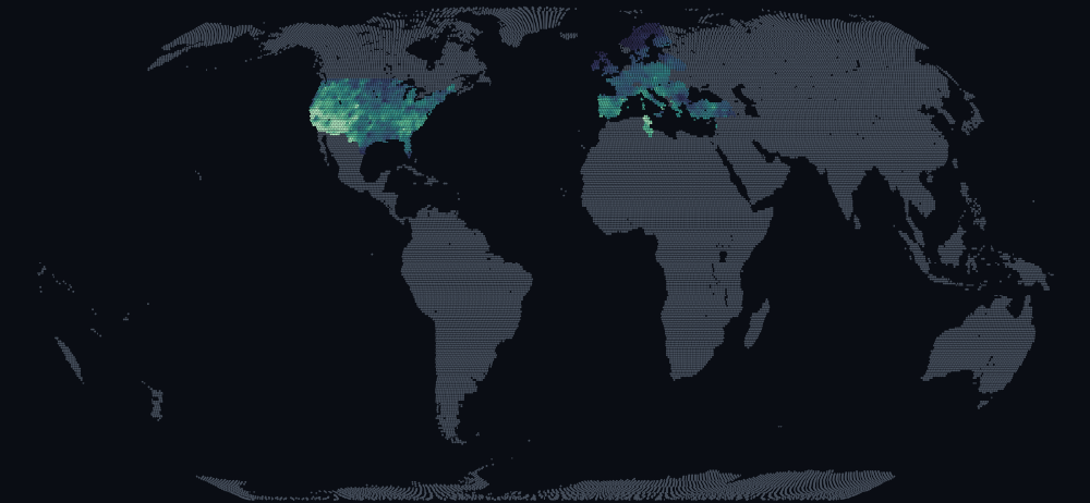 A dot-matrix world map in Equal Earth projection. The United States and Europe are painted in greens and teals showing fair-weather scores; the rest of the world is drawn in grey, marking land with no data.